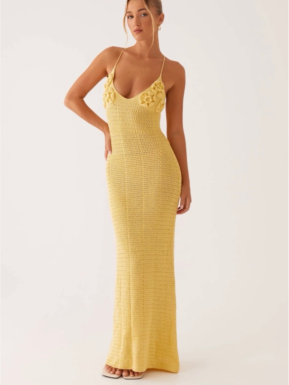 Peppermayo Yellow Crochet Maxi Dress with Floral Bust